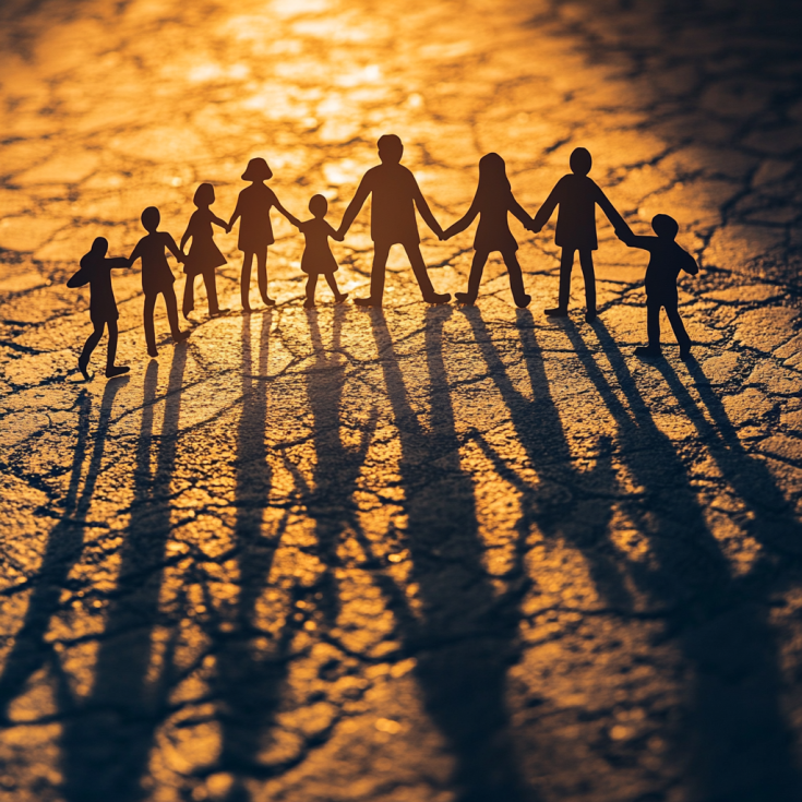 Silhouettes of paper-cut figures holding hands, casting long shadows on a textured surface in warm golden light, symbolizing unity and community. Silhouettes of paper-cut figures holding hands, casting long shadows on a textured surface in warm golden light, symbolizing unity and community.